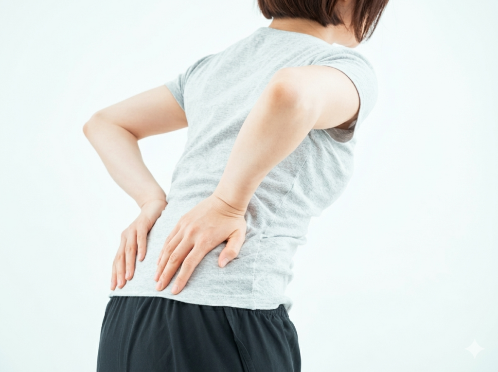ぎっくり腰で腰を押さえる女性
