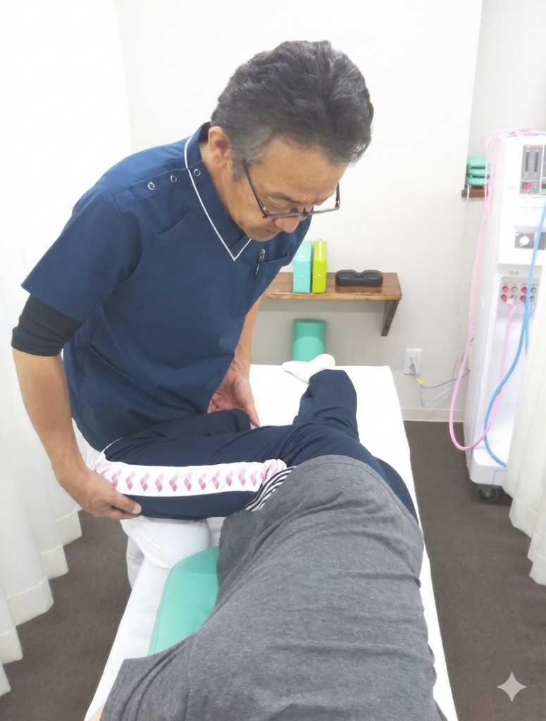 えんどう整骨院の院長が坐骨神経痛の施術を行っている様子